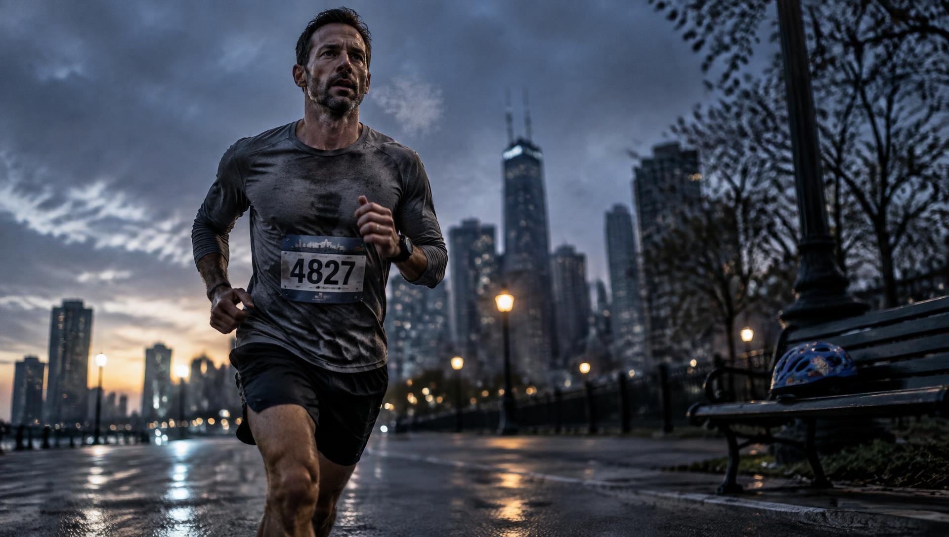 A father running through the city at dawn